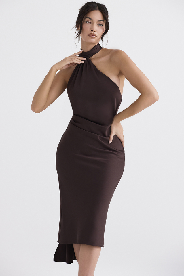 Chocolate Wrap Neck Midi Elbise