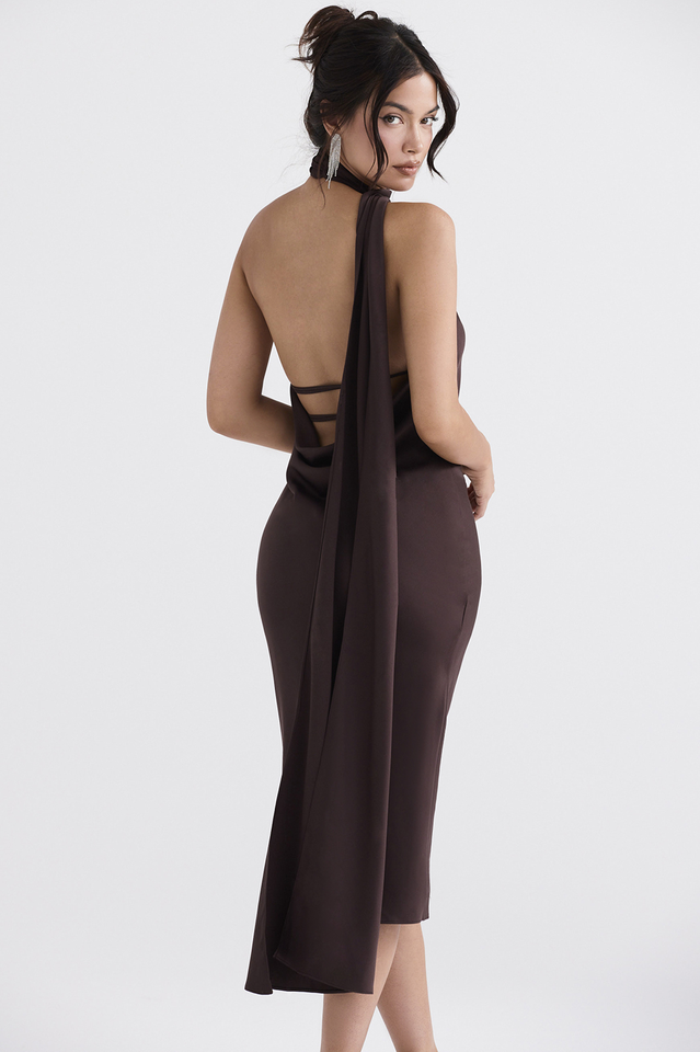 Chocolate Wrap Neck Midi Elbise
