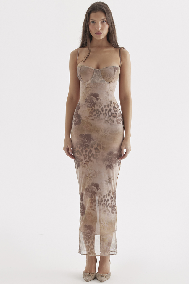 Cream Floral Print Maxi Elbise