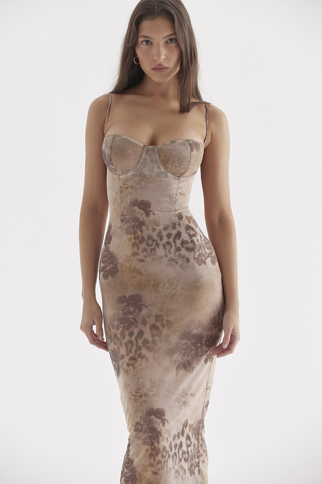 Cream Floral Print Maxi Elbise