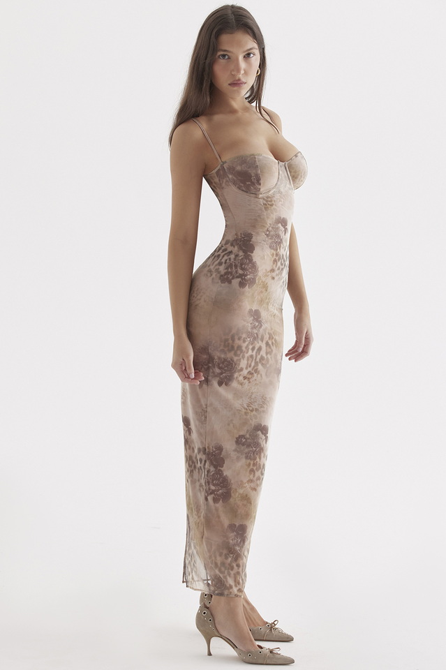 Cream Floral Print Maxi Elbise