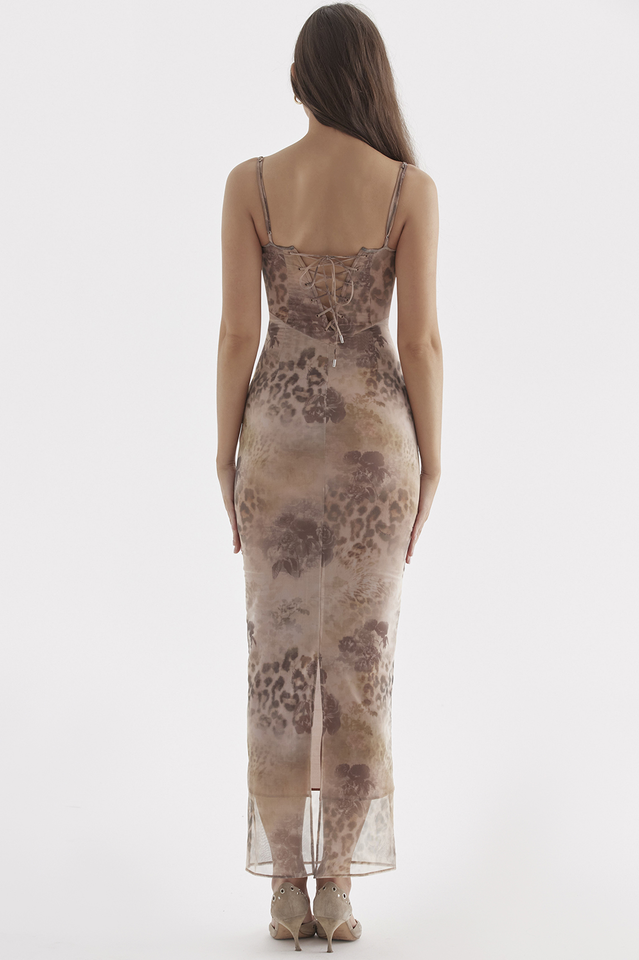 Cream Floral Print Maxi Elbise