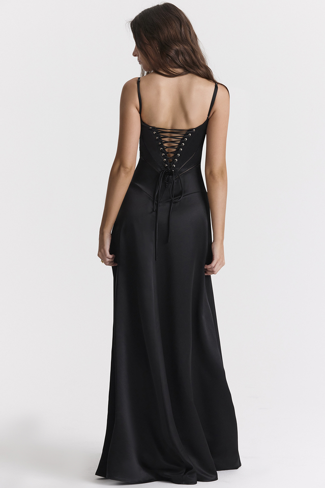 Anabella Black Lace Up Maxi Elbise