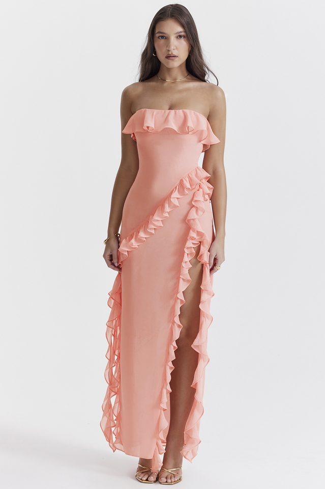 Sarina Apricot Ruffle Maxi Elbise