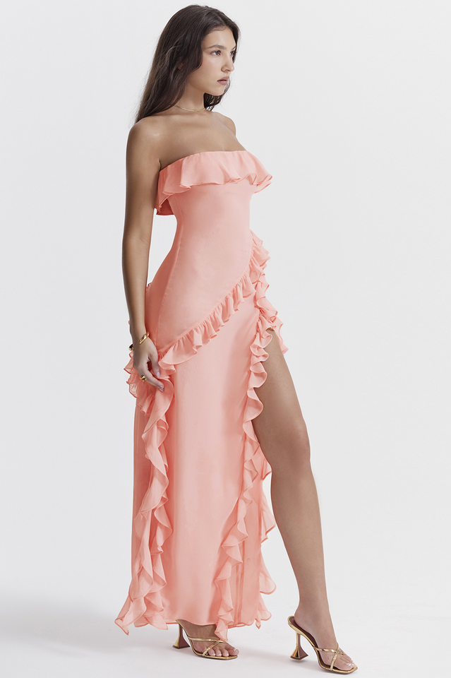 Sarina Apricot Ruffle Maxi Elbise