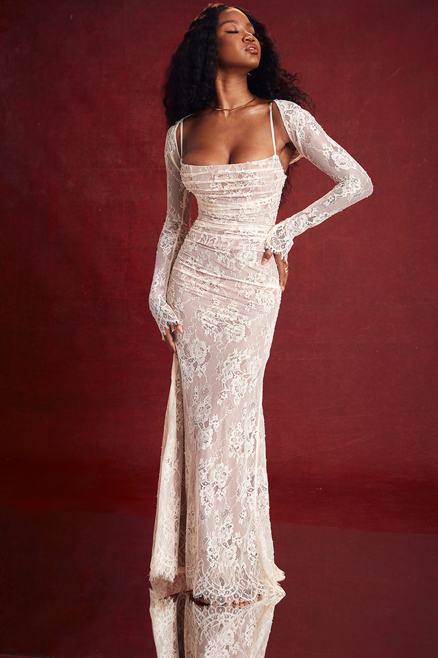 Vintage Cream White Lace Maxi Elbise