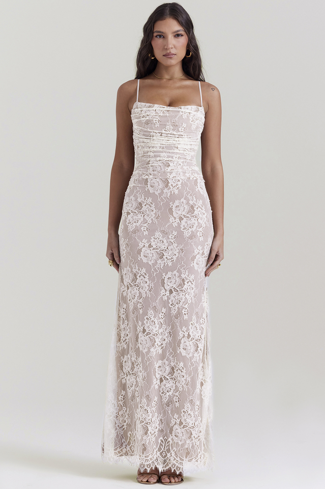Vintage Cream White Lace Maxi Elbise