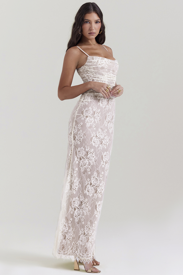 Vintage Cream White Lace Maxi Elbise