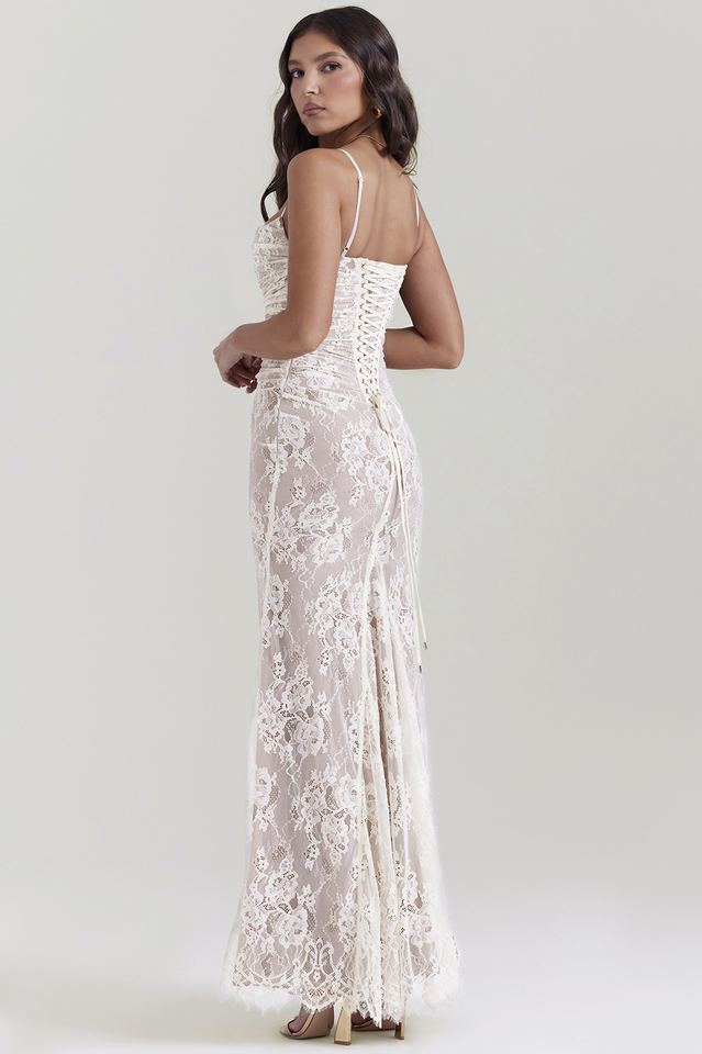Vintage Cream White Lace Maxi Elbise