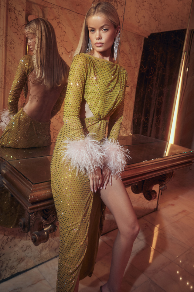 Gina Yellow Crystal Elbise