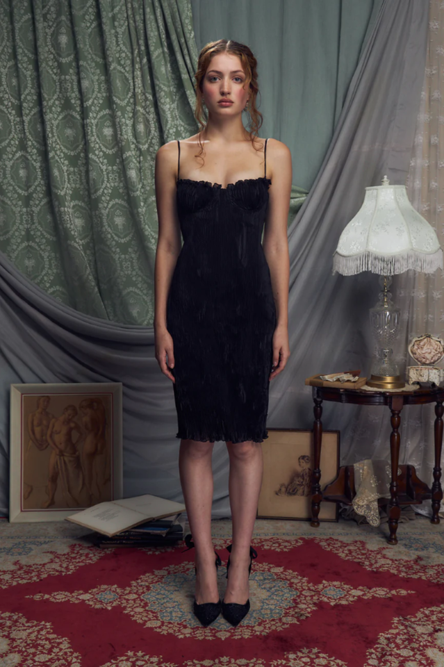 The Black Iris Pleated Midi Elbise