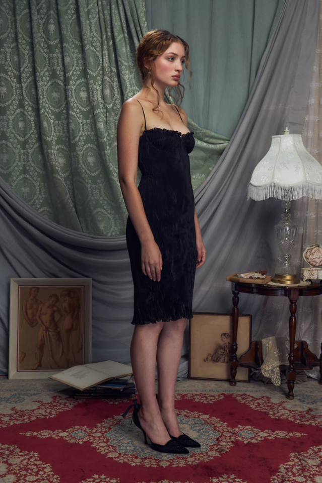 The Black Iris Pleated Midi Elbise