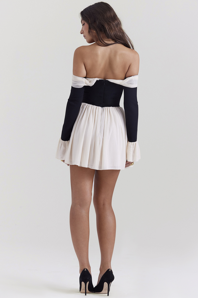 Alana Black & Cream Off Shoulder Elbise