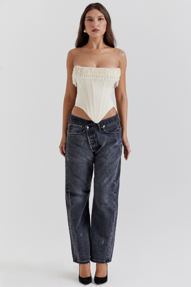 Aubrie Vintage Cream White Beaded Crop