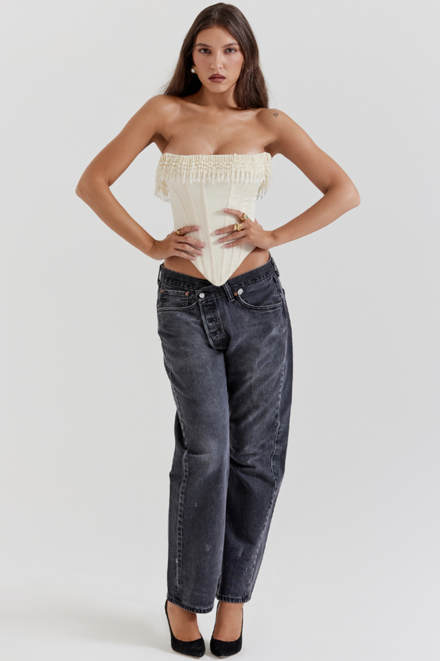 Aubrie Vintage Cream White Beaded Crop