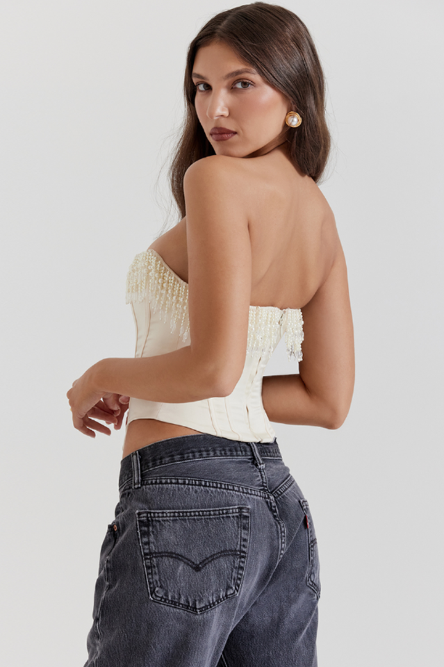 Aubrie Vintage Cream White Beaded Crop