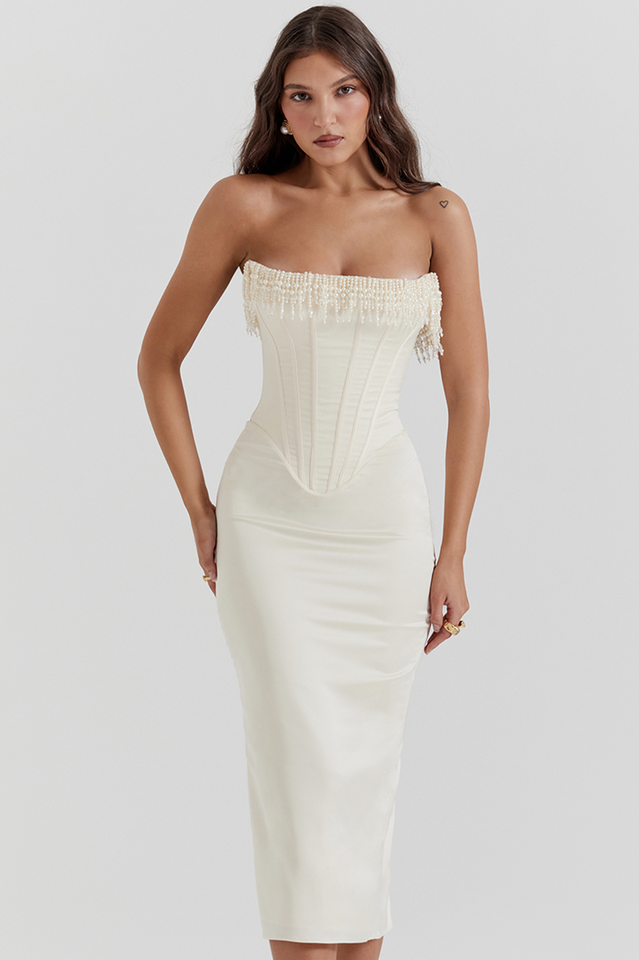 Nalita Vintage Cream Beaded Strapless Elbise