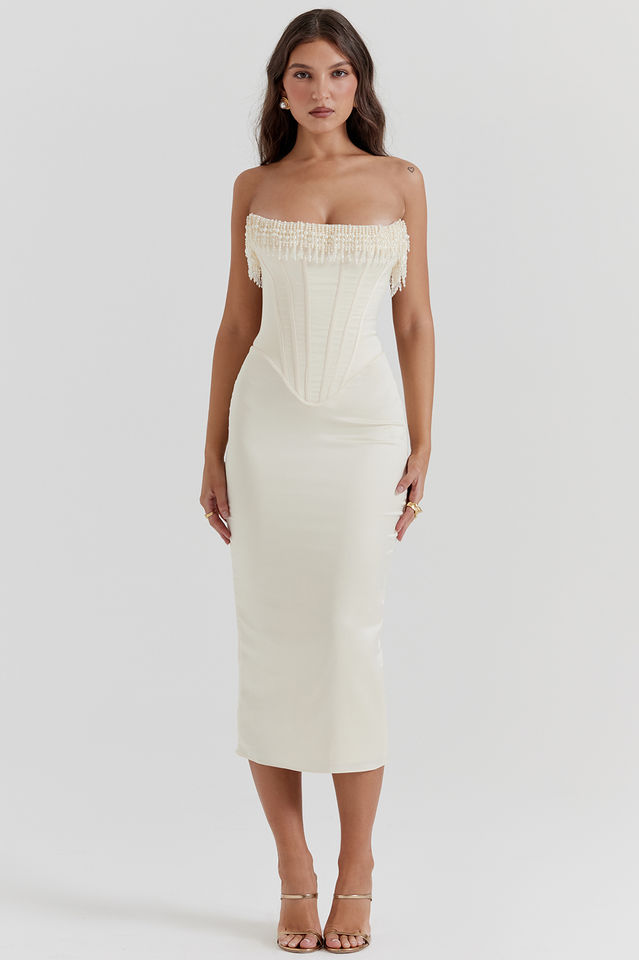 Nalita Vintage Cream Beaded Strapless Elbise