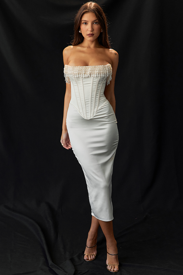 Nalita Vintage Cream Beaded Strapless Elbise
