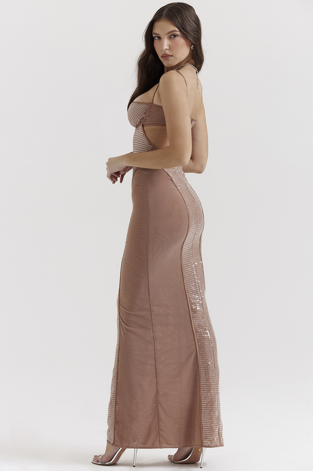 Bonita Brown Sequined Maxi Elbise
