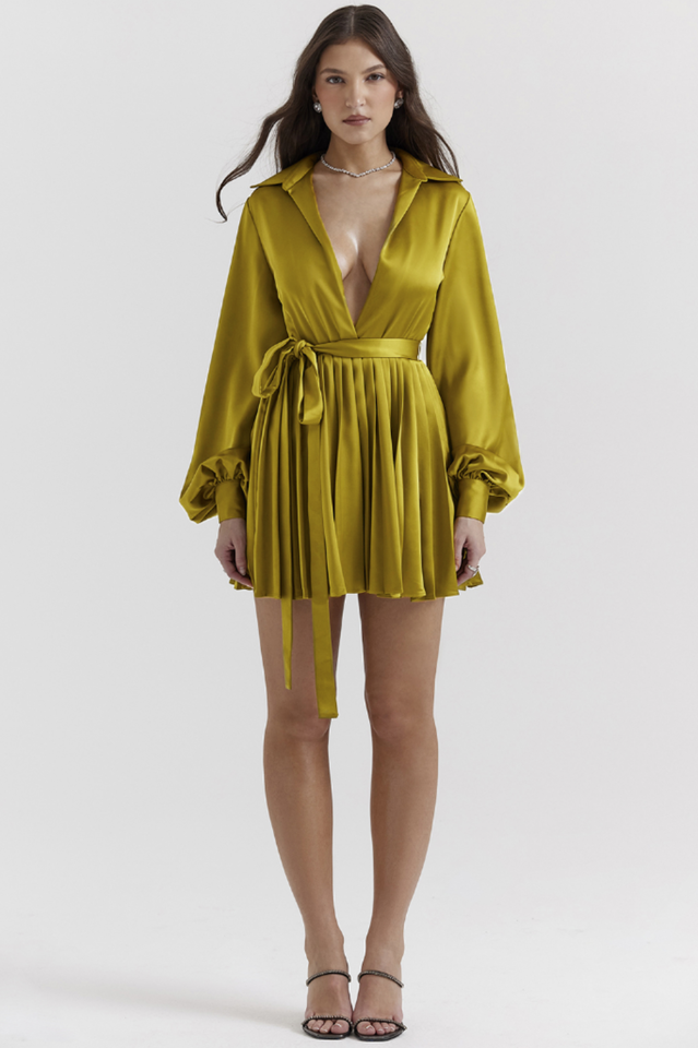 Allegra Chartreuse Pleated Shirt Elbise