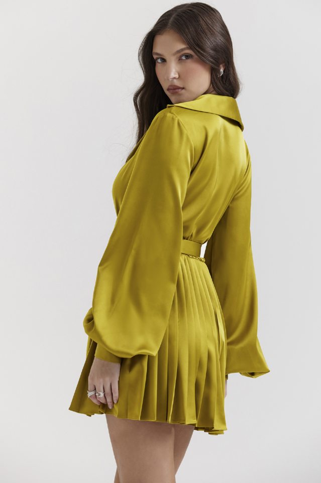 Allegra Chartreuse Pleated Shirt Elbise
