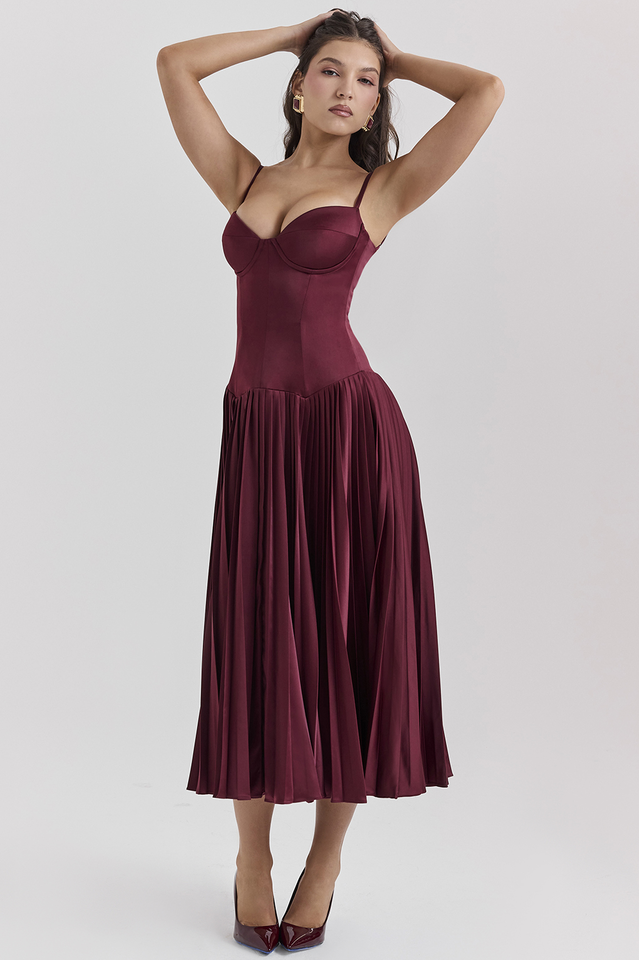 Beau Burgundy Pleated Midi Elbise