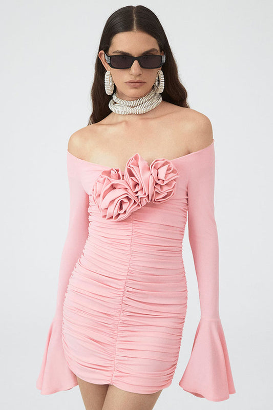 Ruched Roses Mini Elbise