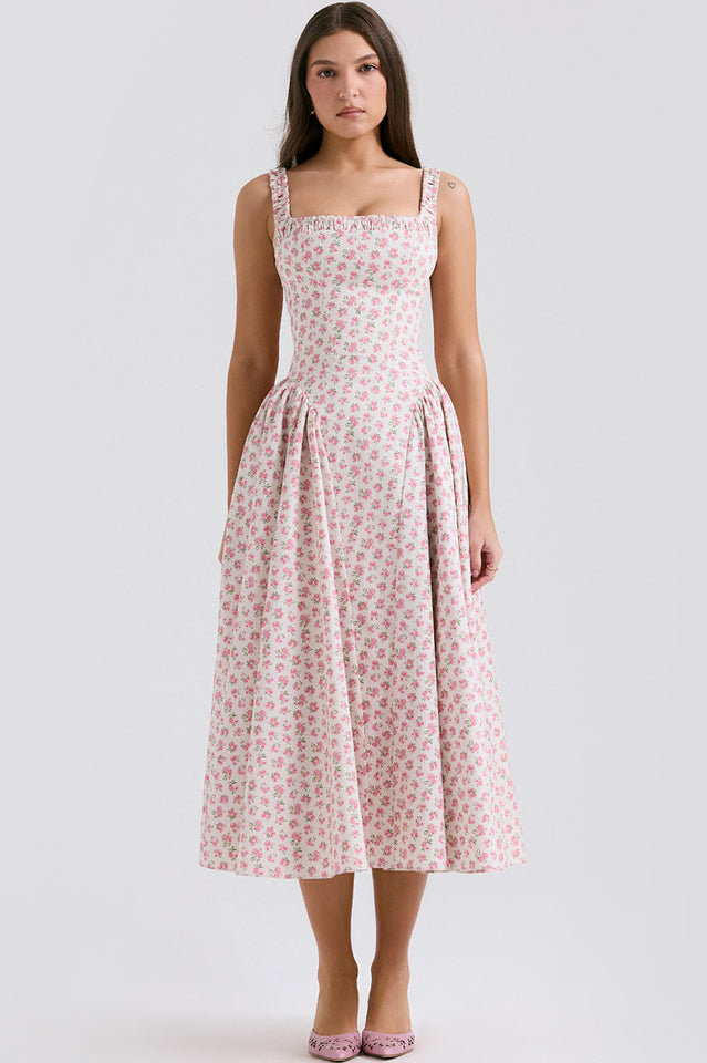 Dorothy White Rosebud Print Elbise