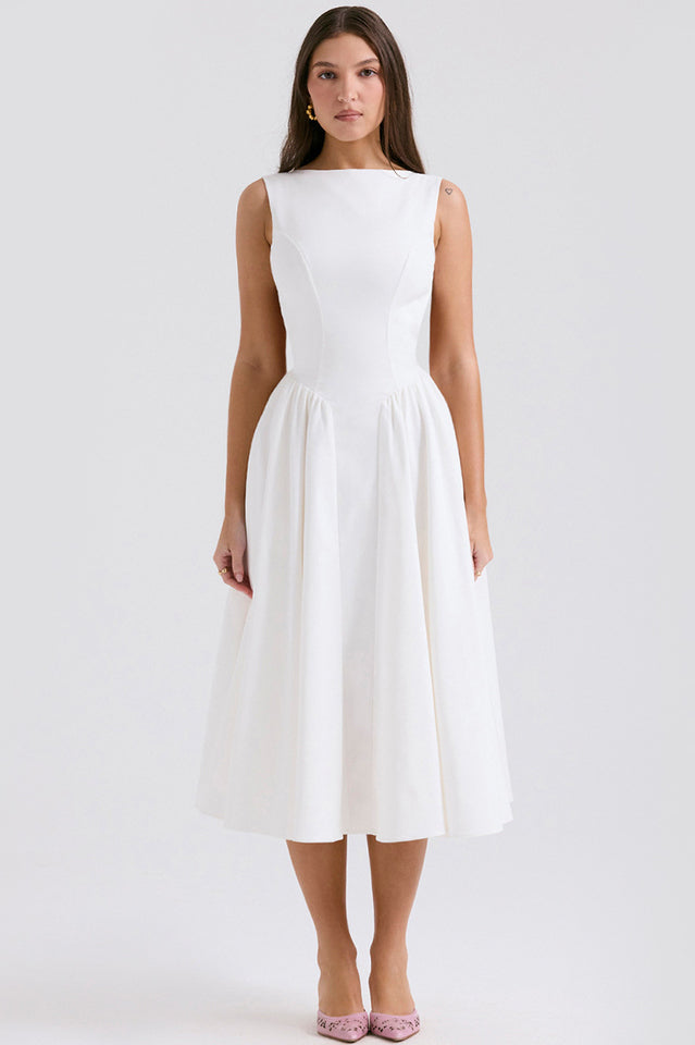 Cindy White Twill Midi Elbise