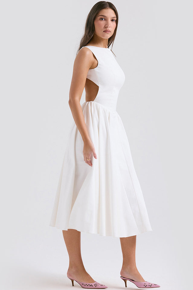 Cindy White Twill Midi Elbise