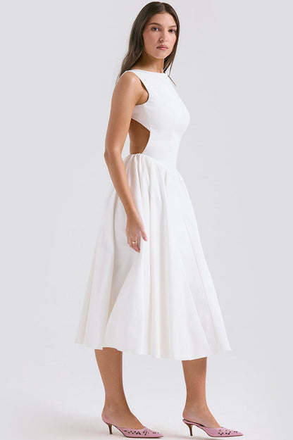Cindy White Twill Midi Elbise