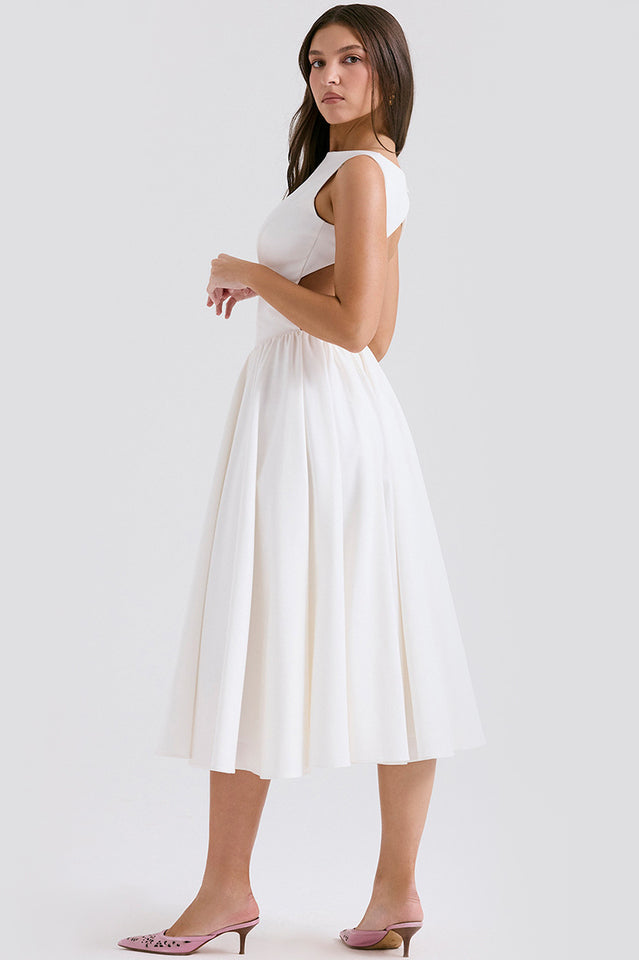 Cindy White Twill Midi Elbise