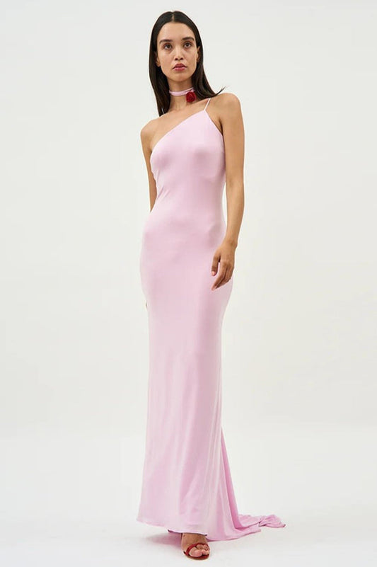 Floral-Appliqué One Shoulder Gown Elbise