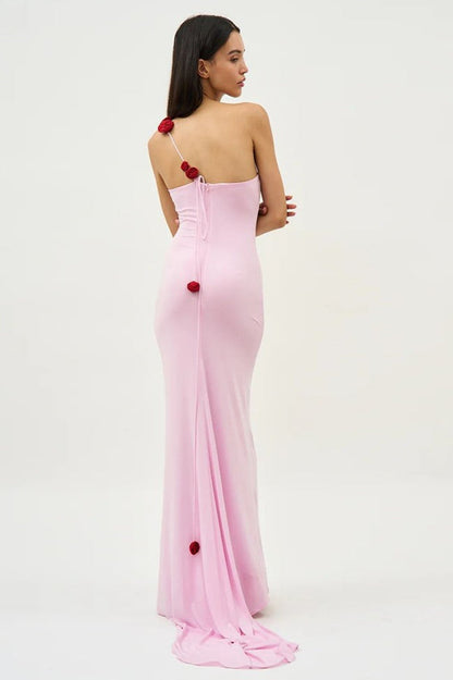 Floral-Appliqué One Shoulder Gown Elbise