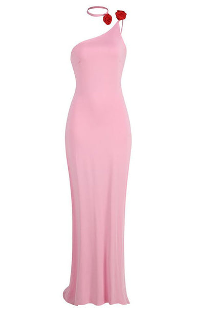 Floral-Appliqué One Shoulder Gown Elbise