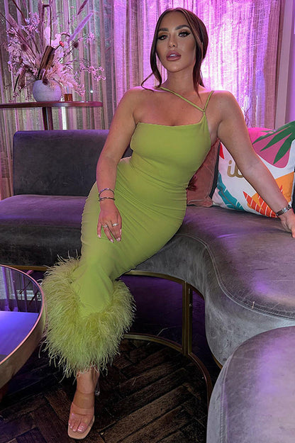 One Shoulder Halter Fur Swing Elbise
