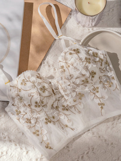 Floral Mesh Lace Crop Corset Üst