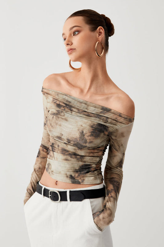 Terracotta Tulle Mesh Off Shoulder Long Sleeve Crop Üst