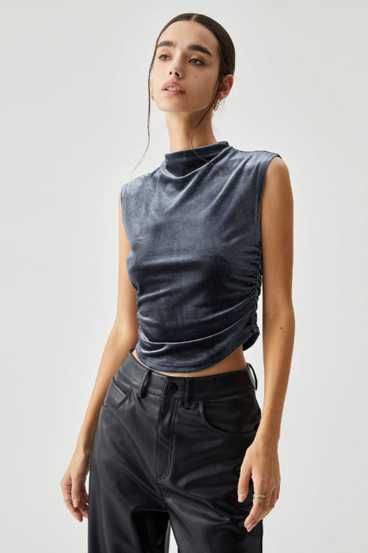 Velvet Draped Mock Neck Sleeveless Crop Üst