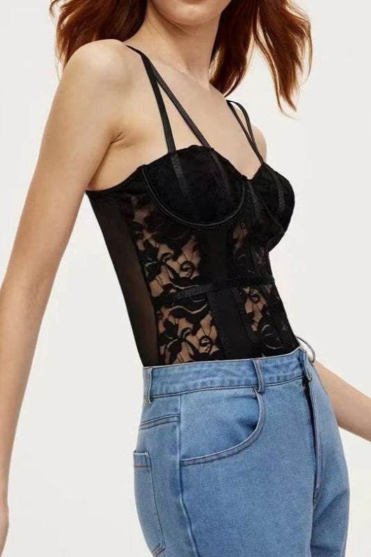 Lace Sheer Sweetheart Corset Bodysuit