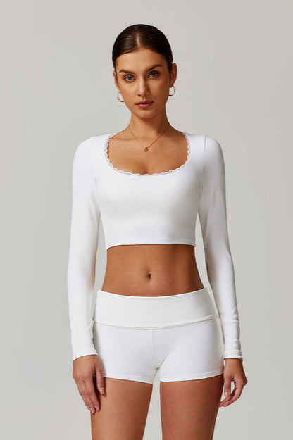 Square Collar Lettuce Trim Crop Active Üst