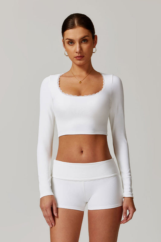 Square Collar Lettuce Trim Crop Active Üst