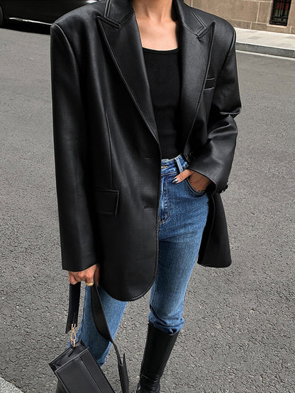Lapel Pockets Leather Blazer Ceket
