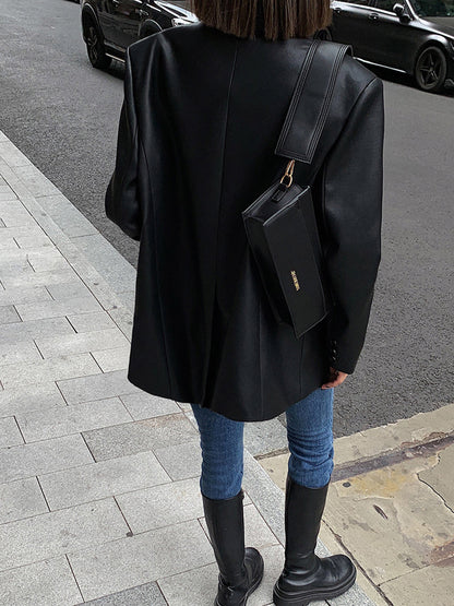 Lapel Pockets Leather Blazer Ceket
