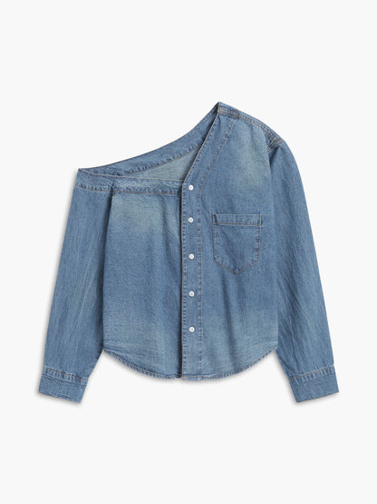 Asymmetrical Collar Denim Crop Gömlek