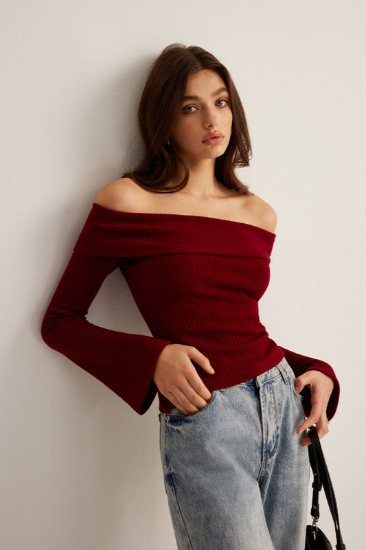 Off-Shoulder Ribbed Slim Üst
