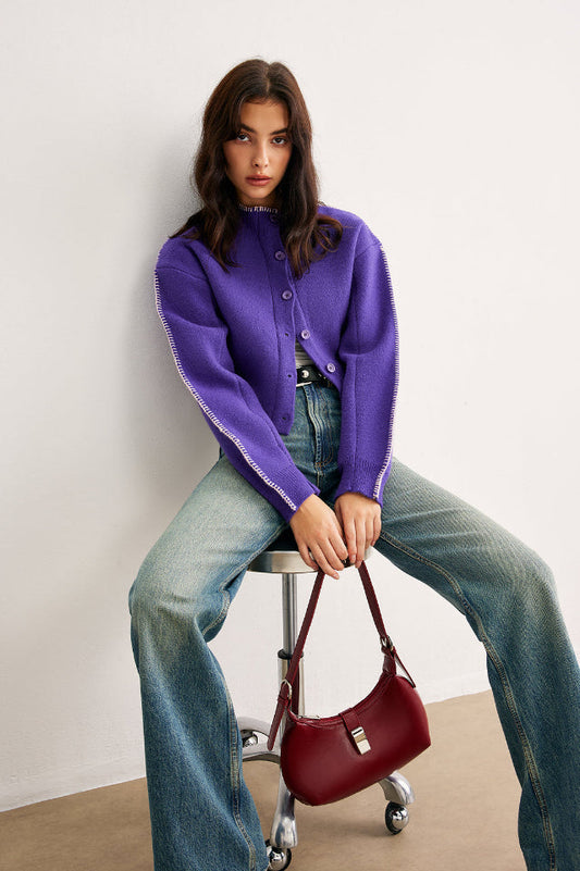Contrast Trim Breasted Crop Hırka