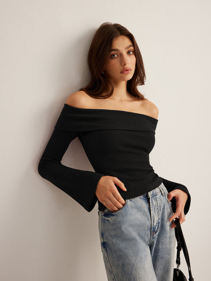 Off-Shoulder Ribbed Slim Üst