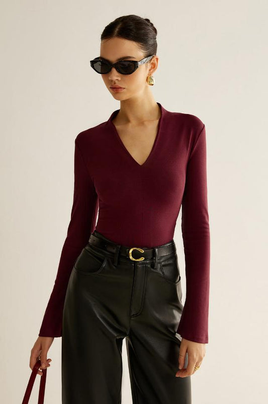 V-Neck Slit-Cuff Jersey Bluz